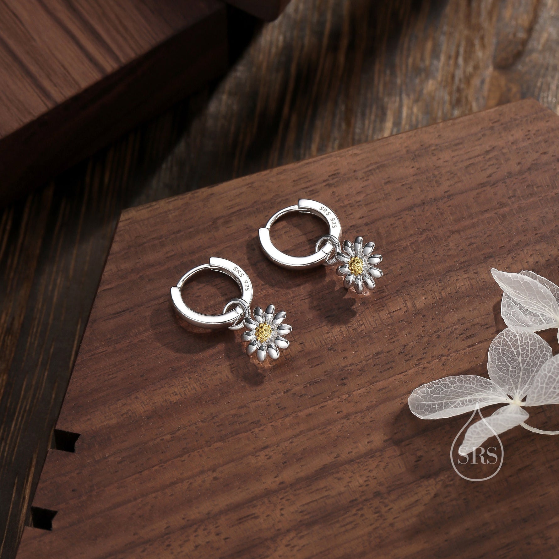 Daisy Flower Charmed Hoop Earrings in Sterling Silver - Cute Flower Blossom Huggie Hoop Earrings - Fun, Whimsical, Detachable Charm Hoops