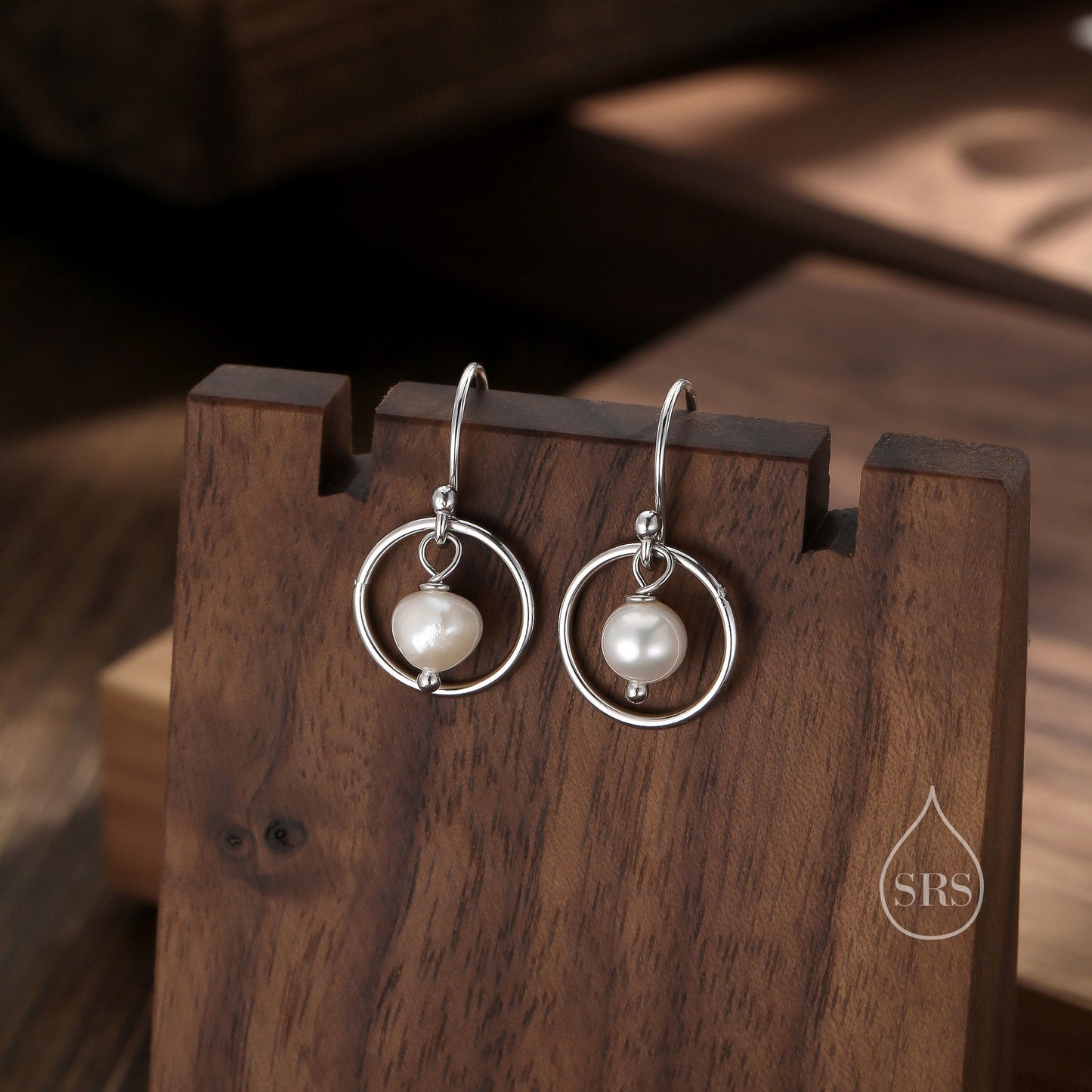 Genuine Freshwater Pearl and Circle Drop Earrings in Sterling Silver, Delicate Keshi Pearl Halo Earrings, Genuine Near Round Pearls.