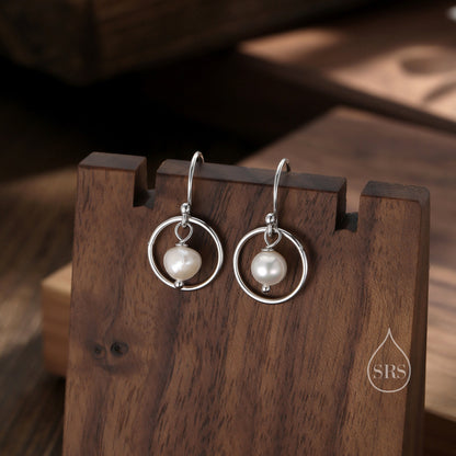 Genuine Freshwater Pearl and Circle Drop Earrings in Sterling Silver, Delicate Keshi Pearl Halo Earrings, Genuine Near Round Pearls.