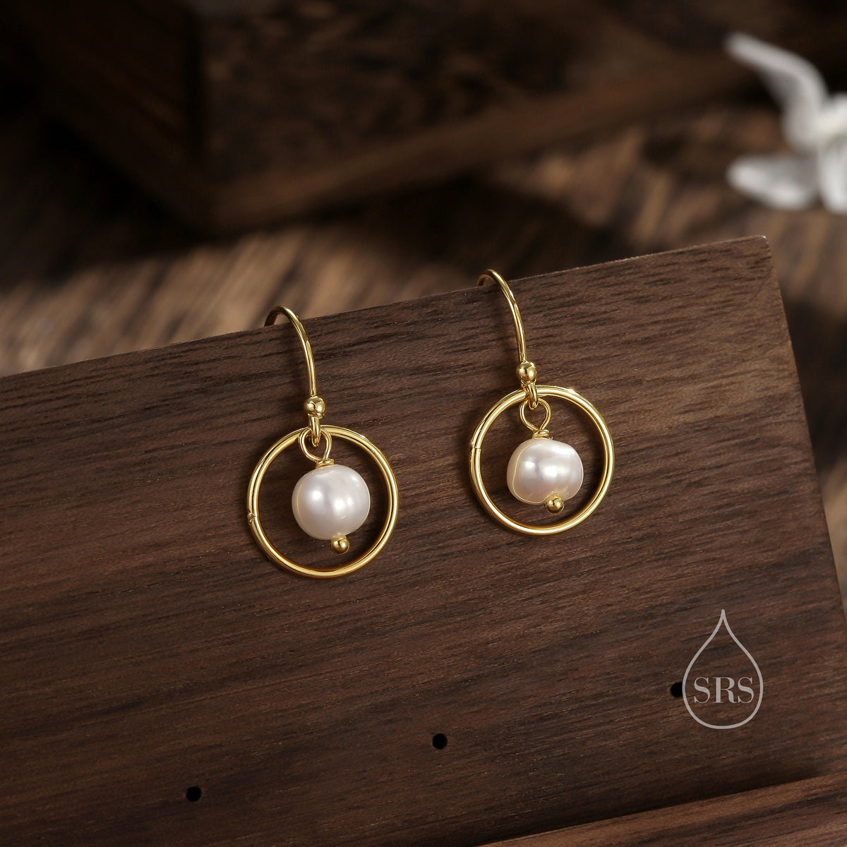 Genuine Freshwater Pearl and Circle Drop Earrings in Sterling Silver, Delicate Keshi Pearl Halo Earrings, Genuine Near Round Pearls.