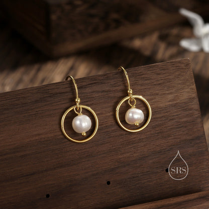 Genuine Freshwater Pearl and Circle Drop Earrings in Sterling Silver, Delicate Keshi Pearl Halo Earrings, Genuine Near Round Pearls.
