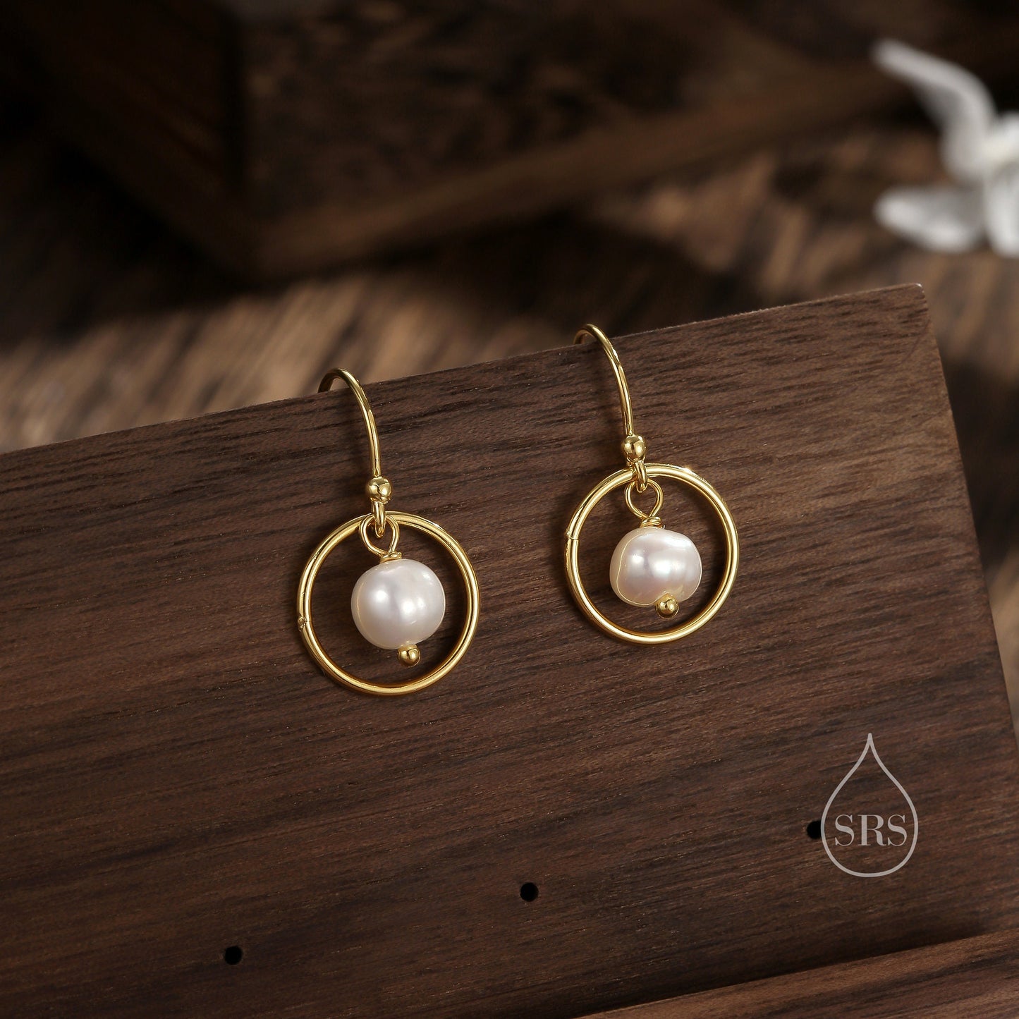 Genuine Freshwater Pearl and Circle Drop Earrings in Sterling Silver, Delicate Keshi Pearl Halo Earrings,  Genuine Near Round Pearls.