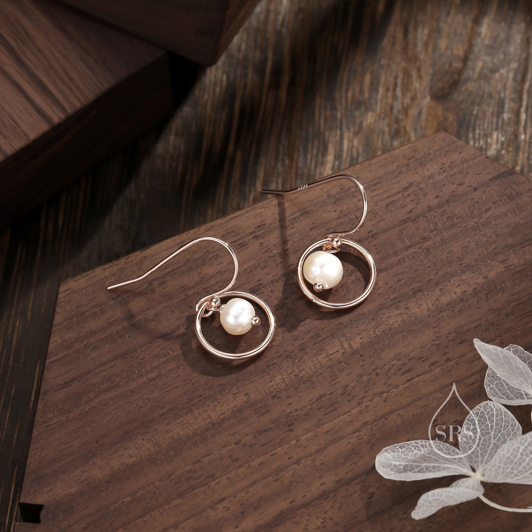 Genuine Freshwater Pearl and Circle Drop Earrings in Sterling Silver, Delicate Keshi Pearl Halo Earrings, Genuine Near Round Pearls.