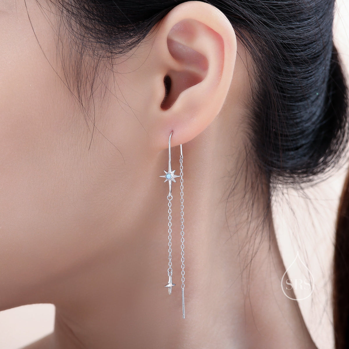 Opal Starburst and Star U Shape Threader Earrings in Sterling Silver, Silver or Gold or rose gold , North Star Ear Threaders