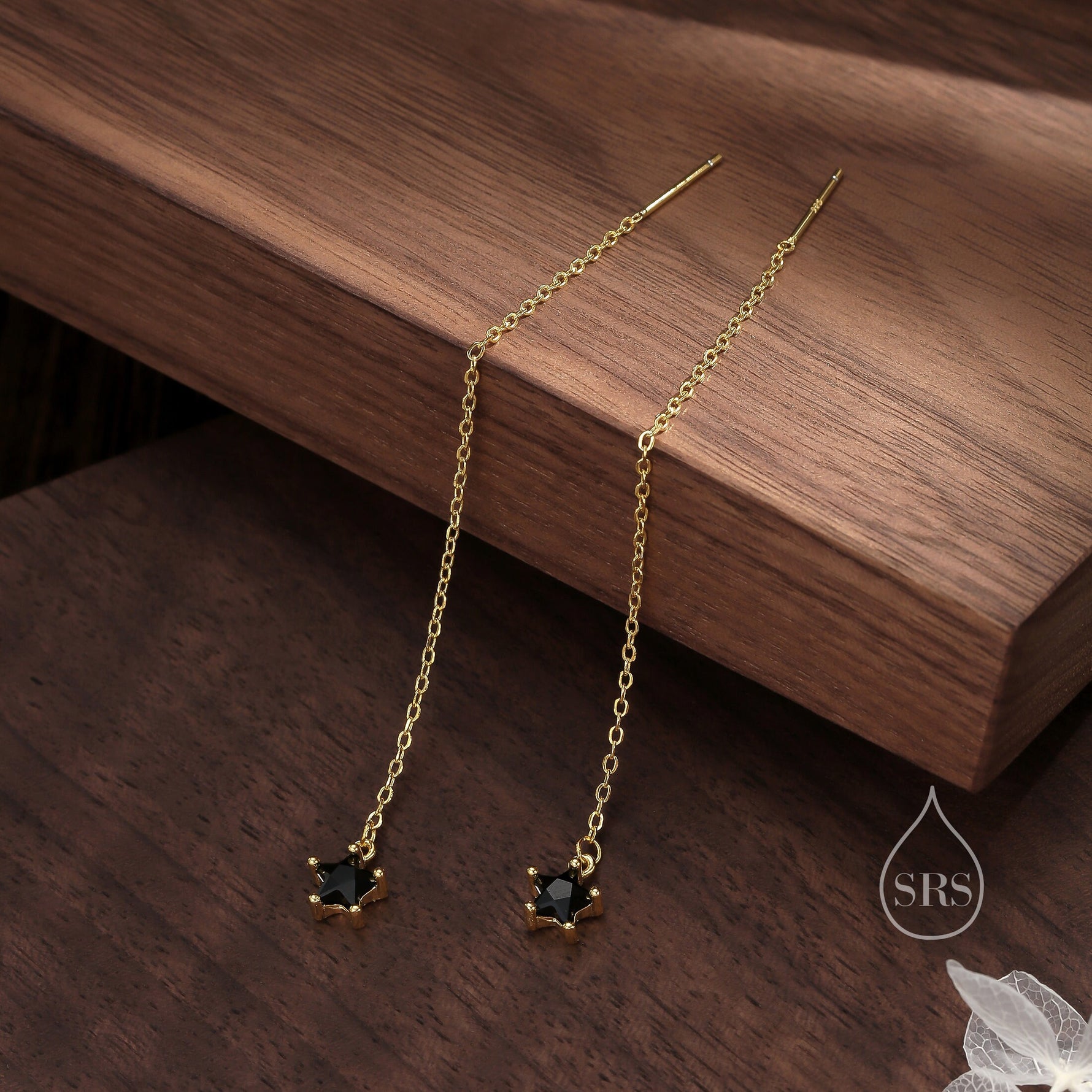 Black Star CZ Threader Earrings in Sterling Silver, Silver or Gold, Crystal Star Ear Threaders
