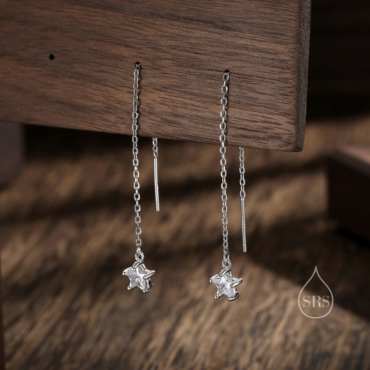 Clear CZ Star Threader Earrings in Sterling Silver, Silver or Gold, Crystal Star Ear Threaders