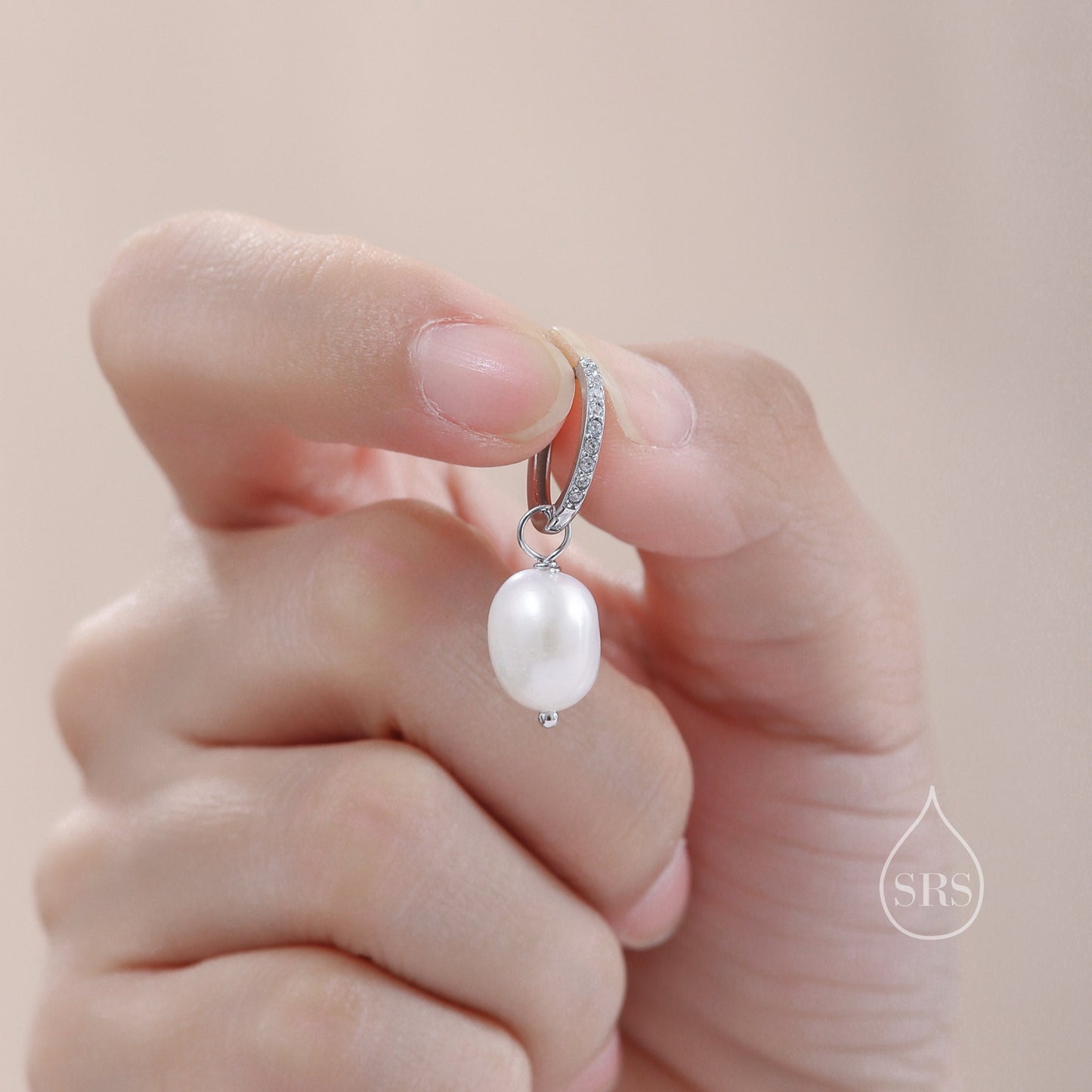 CZ Crystal Huggie Hoop Earrings in Sterling Silver with Detachable Pearl Charms, Genuine Freshwater Baroque Pearls, Real Pearls