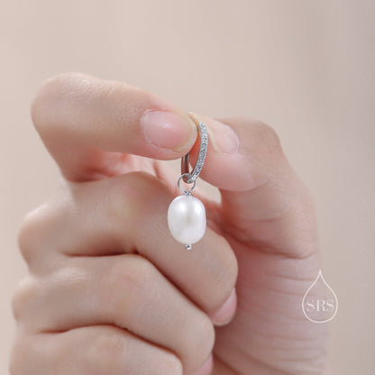 CZ Crystal Huggie Hoop Earrings in Sterling Silver with Detachable Pearl Charms, Genuine Freshwater Baroque Pearls, Real Pearls