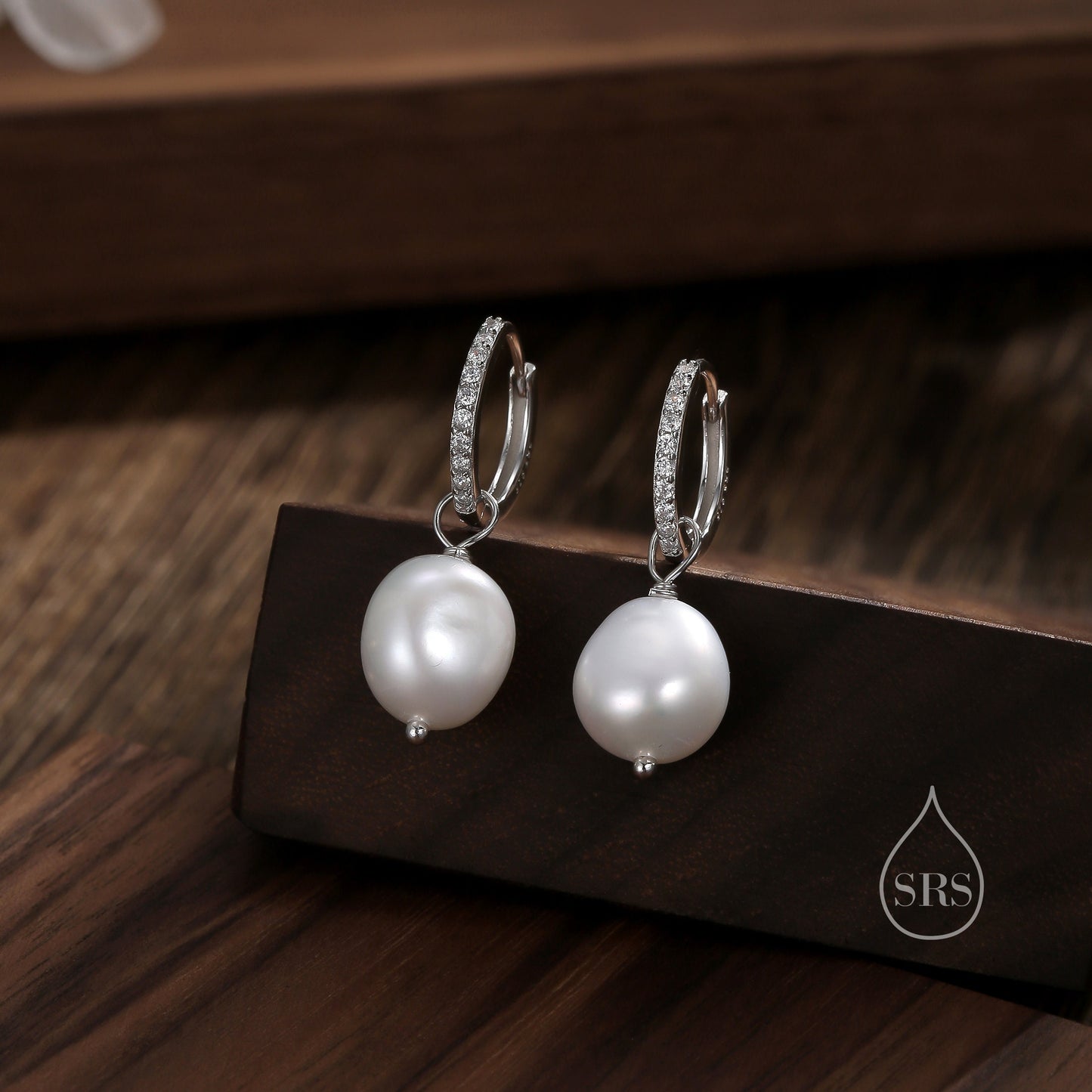 CZ Crystal Huggie Hoop Earrings in Sterling Silver with Detachable Pearl Charms, Genuine Freshwater Baroque Pearls, Real Pearls