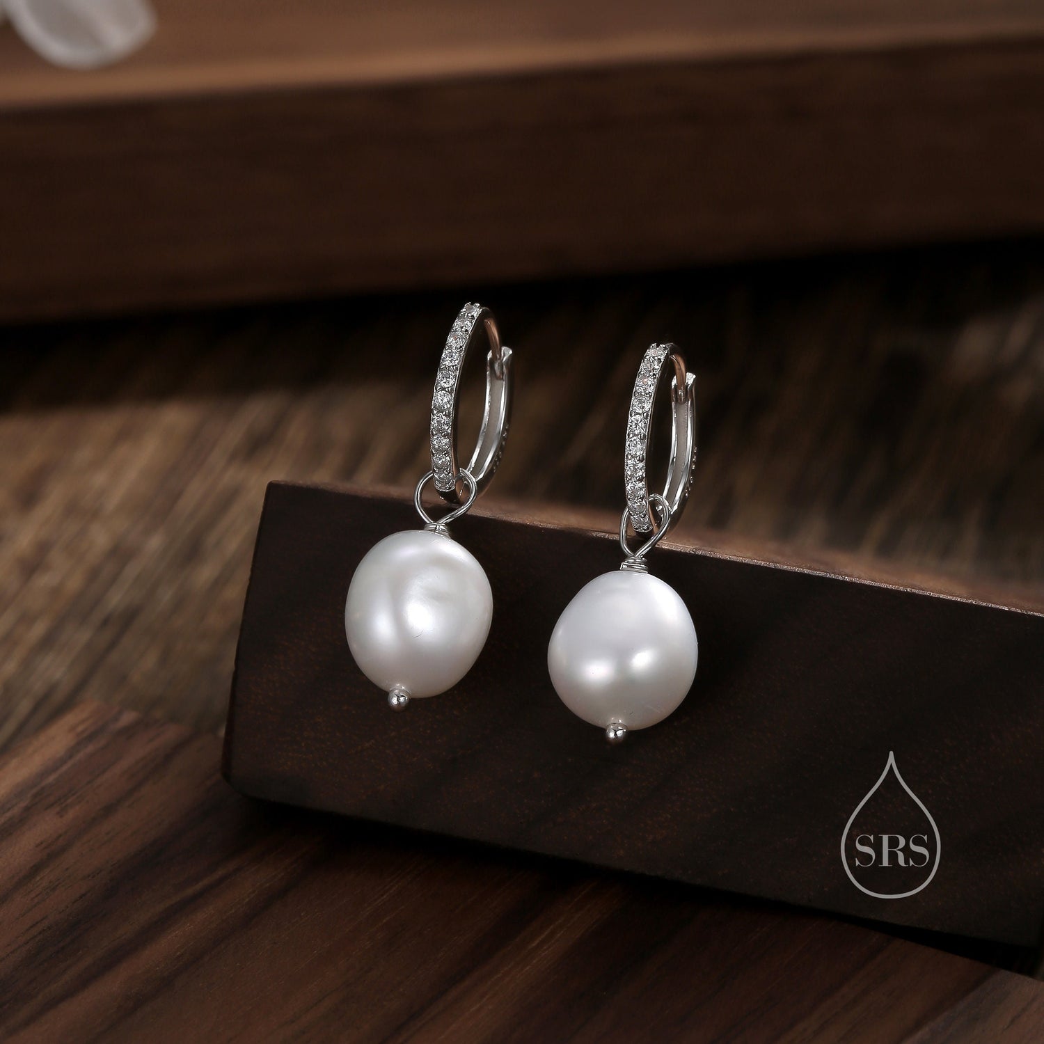 CZ Crystal Huggie Hoop Earrings in Sterling Silver with Detachable Pearl Charms, Genuine Freshwater Baroque Pearls, Real Pearls