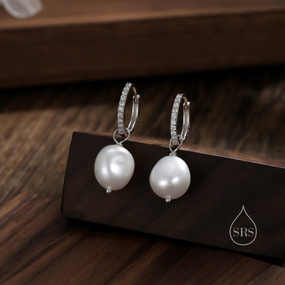 CZ Crystal Huggie Hoop Earrings in Sterling Silver with Detachable Pearl Charms, Genuine Freshwater Baroque Pearls, Real Pearls