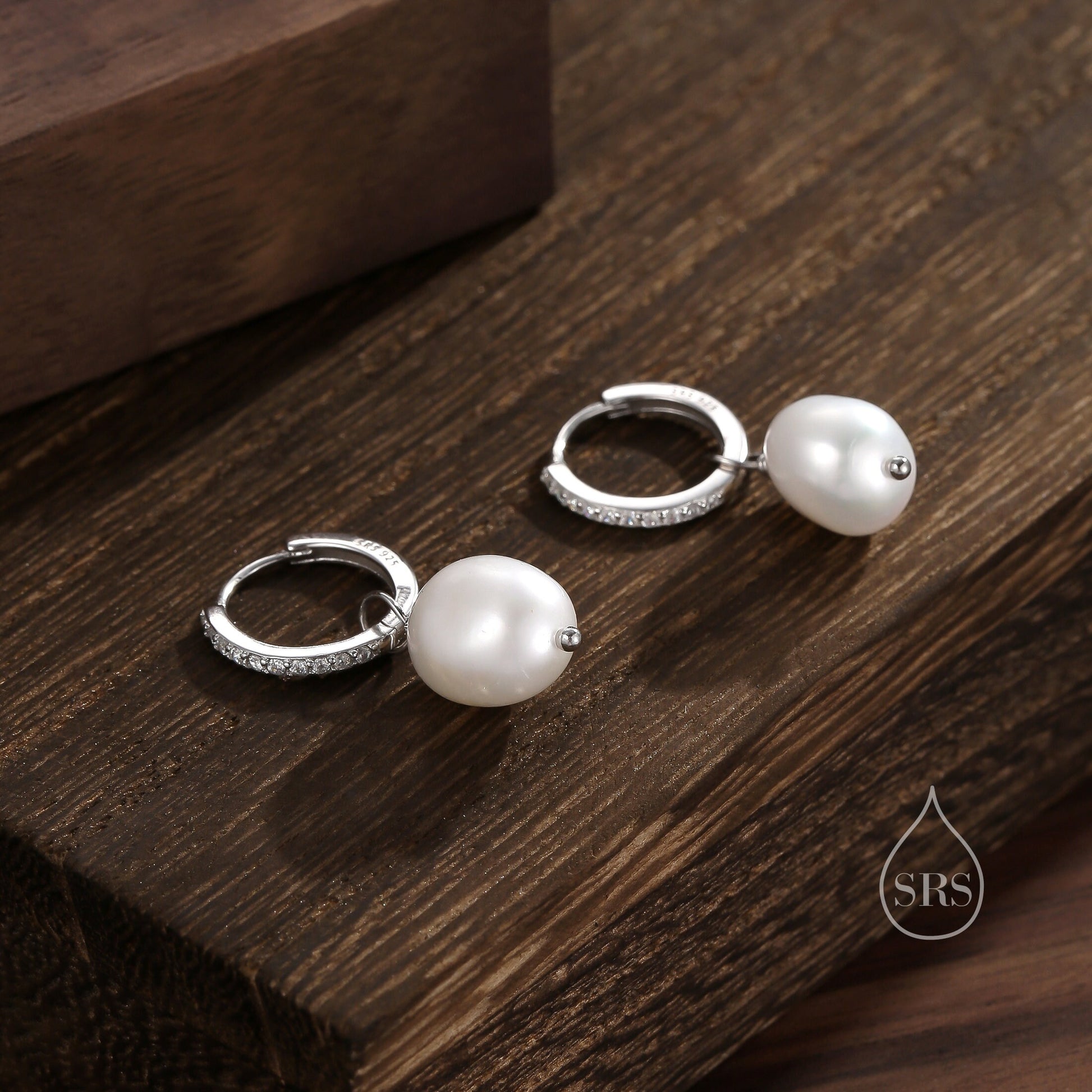 CZ Crystal Huggie Hoop Earrings in Sterling Silver with Detachable Pearl Charms, Genuine Freshwater Baroque Pearls, Real Pearls