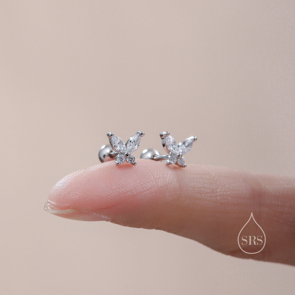 CZ Butterfly 18G Screw Back Earrings in Sterling Silver