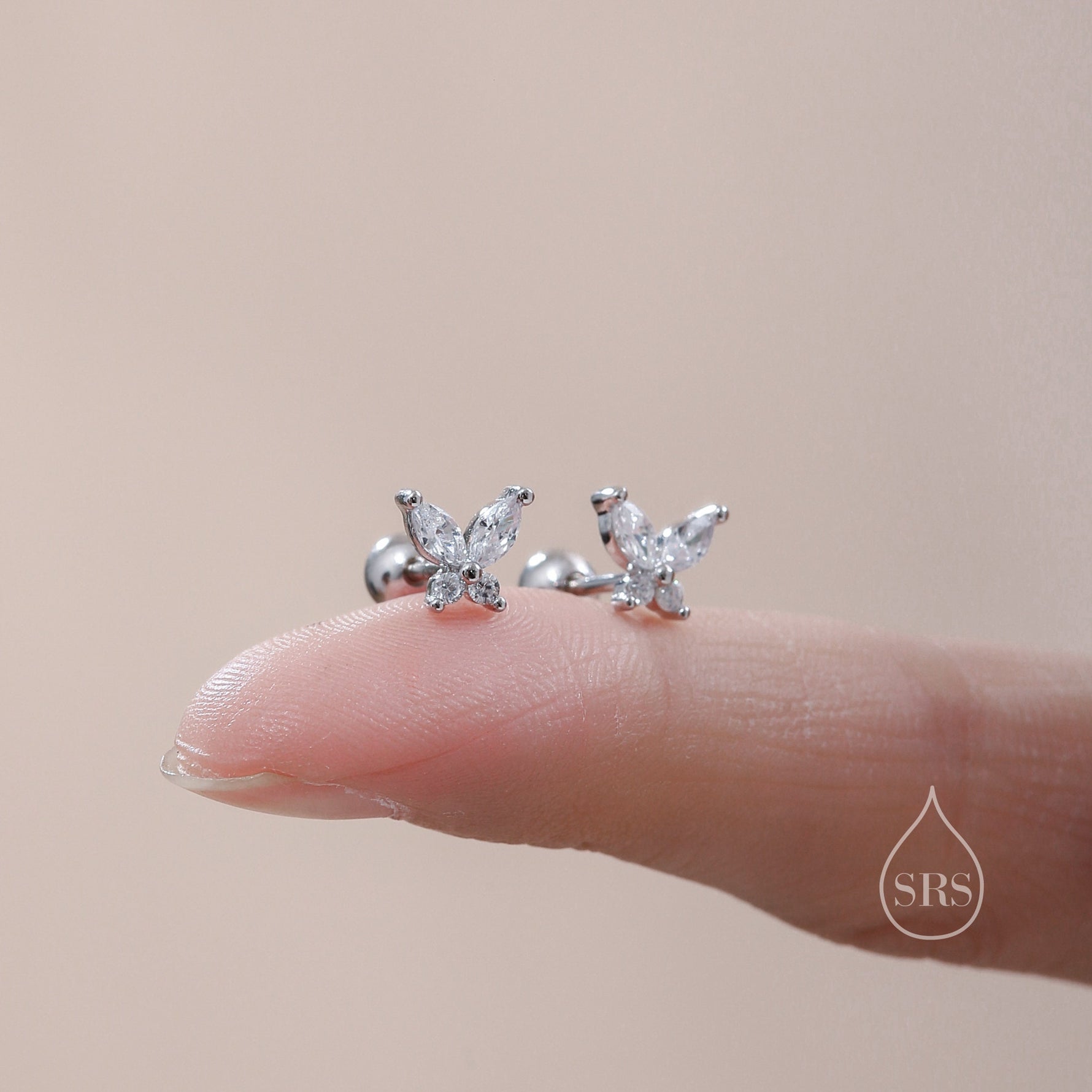 CZ Butterfly 18G Screw Back Earrings in Sterling Silver
