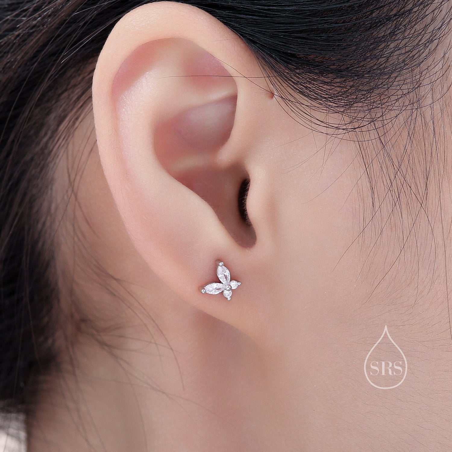 CZ Butterfly 16G Internally Threaded Flat Back Earrings in Sterling Silver, Animal Earrings