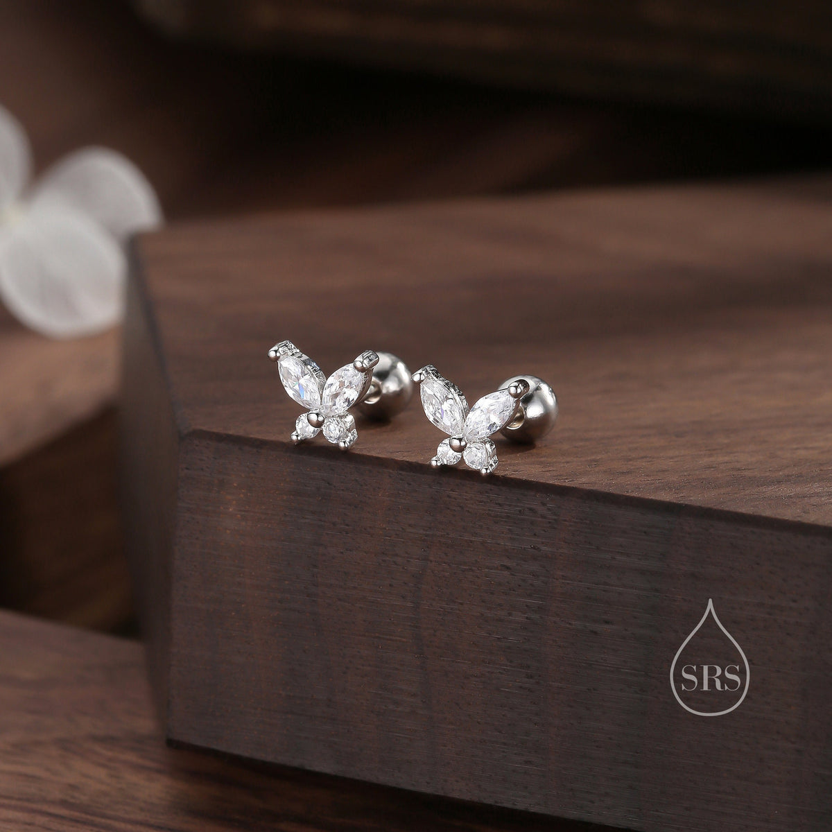 CZ Butterfly 18G Screw Back Earrings in Sterling Silver