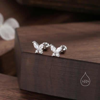 CZ Butterfly Flat Back Earrings in Sterling Silver,  Internally Threaded, Silver or Gold, Also Available in Screw Backs, Butterfly Backs