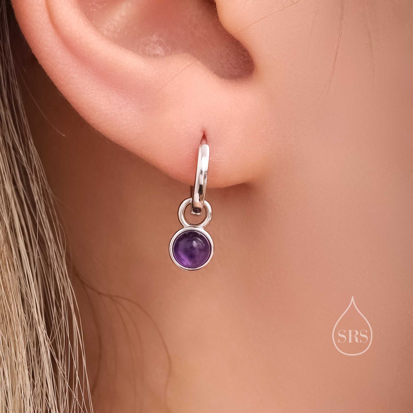 Genuine Amethyst Hoop Earrings in Sterling Silver, Detachable Natural Amethyst Coin Dangle Hoop Earrings, Interchangeable