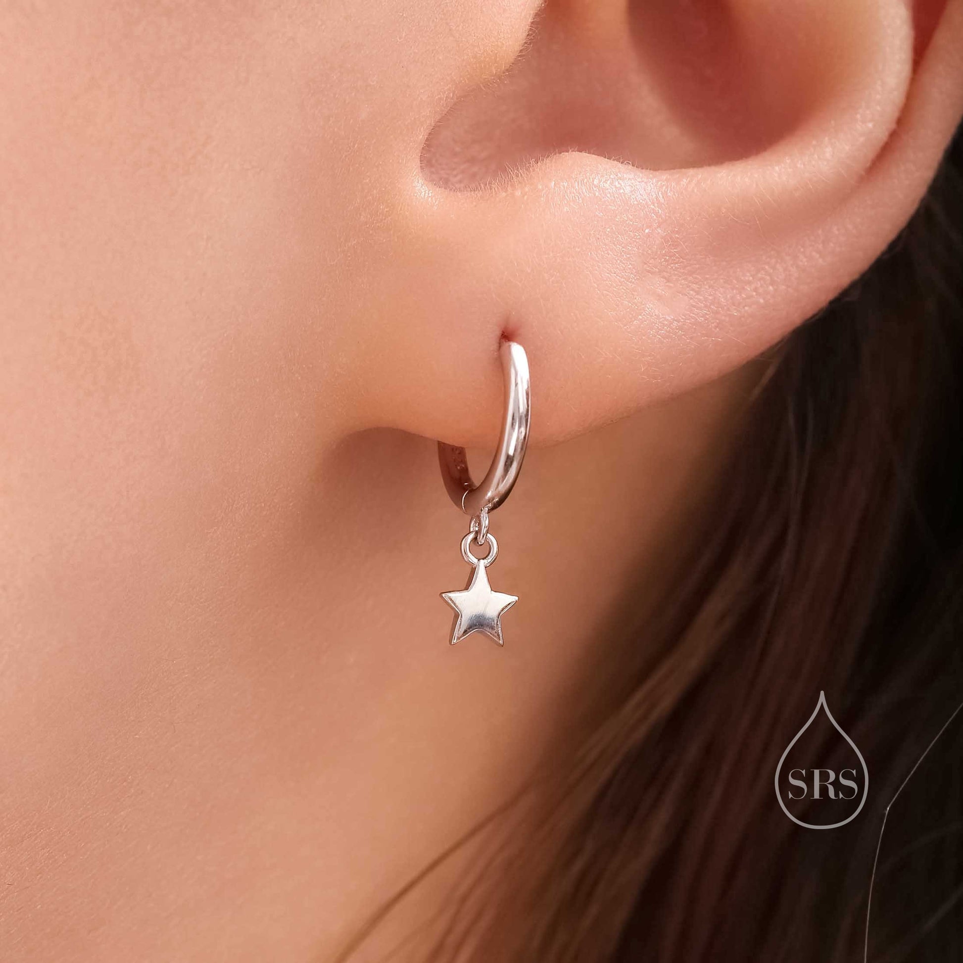 Pair of Star Huggie Hoop Earrings in Sterling Silver, Dangle Star