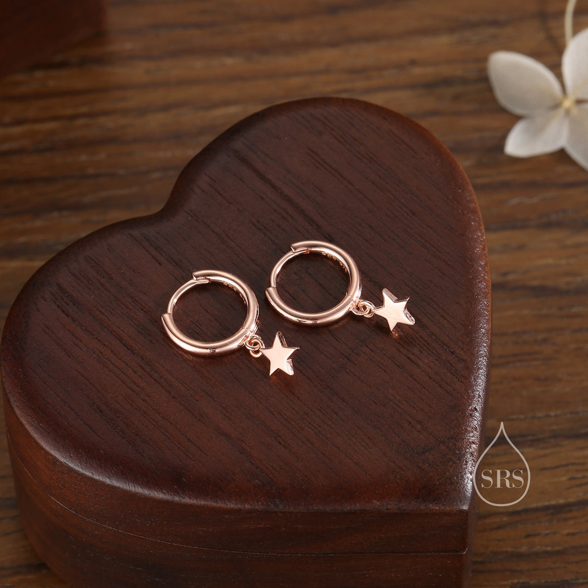 Pair of Star Huggie Hoop Earrings in Sterling Silver, Dangle Star Hoops, Celestial Earrings, Silver, Gold or Rose Gold