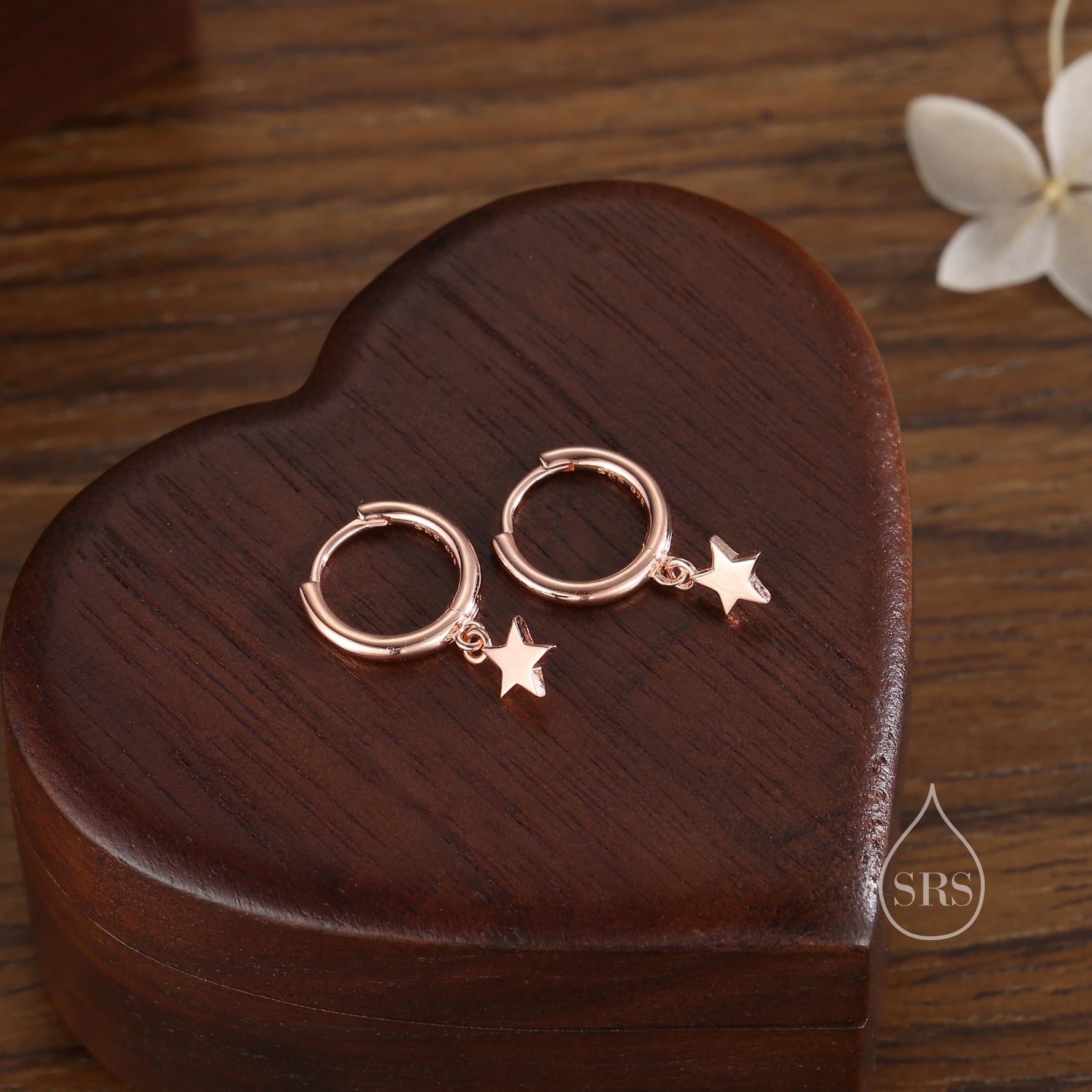 Pair of Star Huggie Hoop Earrings in Sterling Silver, Dangle Star Hoops, Celestial Earrings, Silver, Gold or Rose Gold