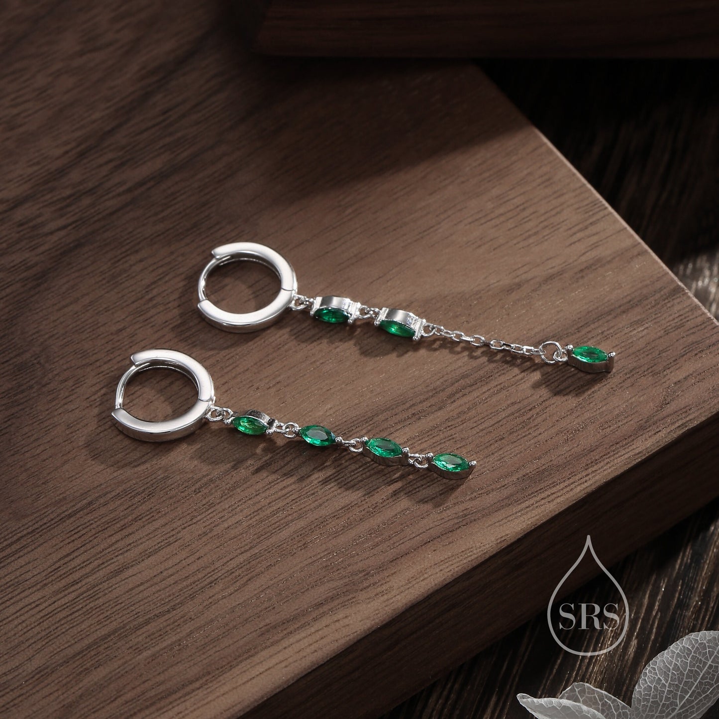 Asymmetric Marquise CZ Dangle Huggie Hoop Earrings in Sterling Silver with Emerald Green CZ, Silver or Gold, Geometric Hoop Earrings