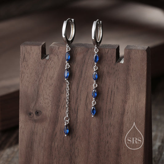 Asymmetric Marquise CZ Dangle Huggie Hoop Earrings in Sterling Silver with Sapphire Blue CZ, Silver or Gold, Geometric Hoop Earrings