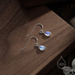 Moonstone Droplet Drop Hook Earrings in Sterling Silver, Delicate Lab Blue Moonestone Earrings, Pear Shape Moonstone Earrings