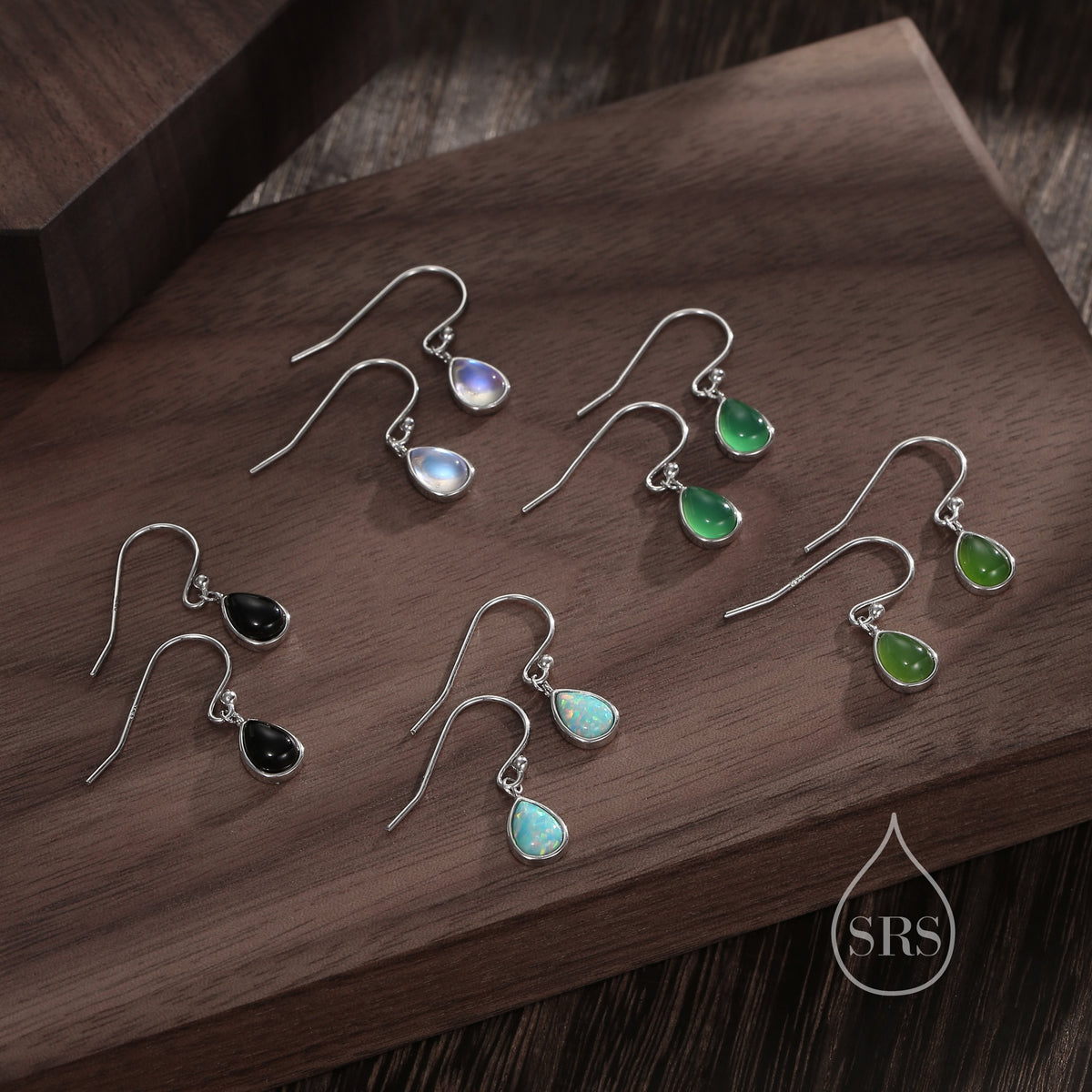 Genuine Green Onyx Droplet Drop Hook Earrings in Sterling Silver, Delicate Natural Green Onyx Earrings, Pear Shape Green Chalcedony Earrings