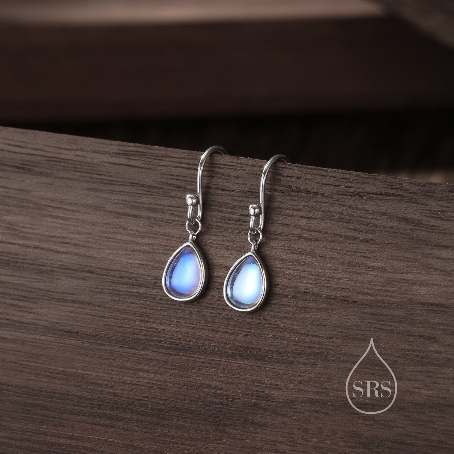 Moonstone Droplet Drop Hook Earrings in Sterling Silver, Delicate Lab Blue Moonestone Earrings, Pear Shape Moonstone Earrings