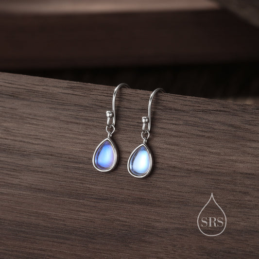 Moonstone Droplet Drop Hook Earrings in Sterling Silver, Delicate Lab Blue Moonestone Earrings, Pear Shape Moonstone Earrings