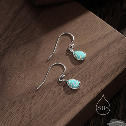 Aqua Green Opal Droplet Drop Hook Earrings in Sterling Silver, Delicate Aqua Blue Lab Opal Earrings, Pear Cut Opal Earrings, Simulated Opal