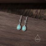 Aqua Green Opal Droplet Drop Hook Earrings in Sterling Silver, Delicate Aqua Blue Lab Opal Earrings, Pear Cut Opal Earrings, Simulated Opal