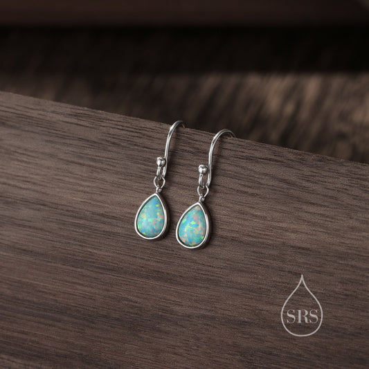 Aqua Green Opal Droplet Drop Hook Earrings in Sterling Silver, Delicate Aqua Blue Lab Opal Earrings, Pear Cut Opal Earrings, Simulated Opal