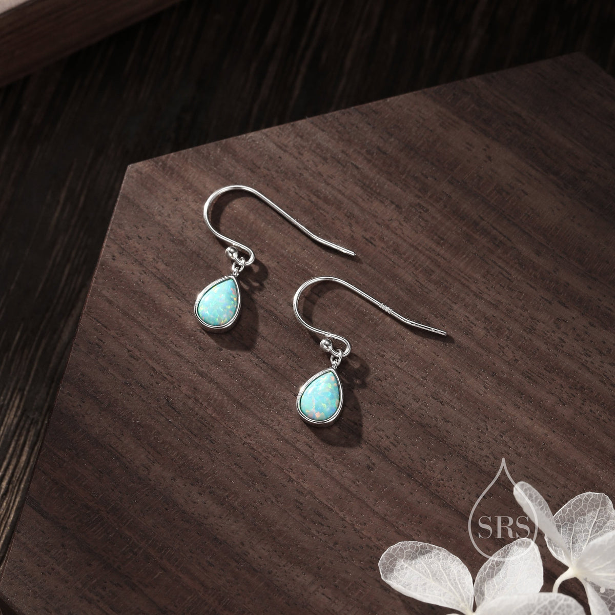 Aqua Green Opal Droplet Drop Hook Earrings in Sterling Silver, Delicate Aqua Blue Lab Opal Earrings, Pear Cut Opal Earrings, Simulated Opal