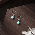 Aqua Green Opal Droplet Drop Hook Earrings in Sterling Silver, Delicate Aqua Blue Lab Opal Earrings, Pear Cut Opal Earrings, Simulated Opal