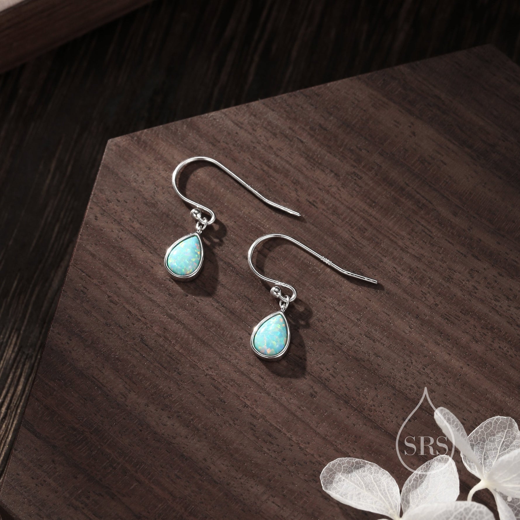 Aqua Green Opal Droplet Drop Hook Earrings in Sterling Silver, Delicate Aqua Blue Lab Opal Earrings, Pear Cut Opal Earrings, Simulated Opal