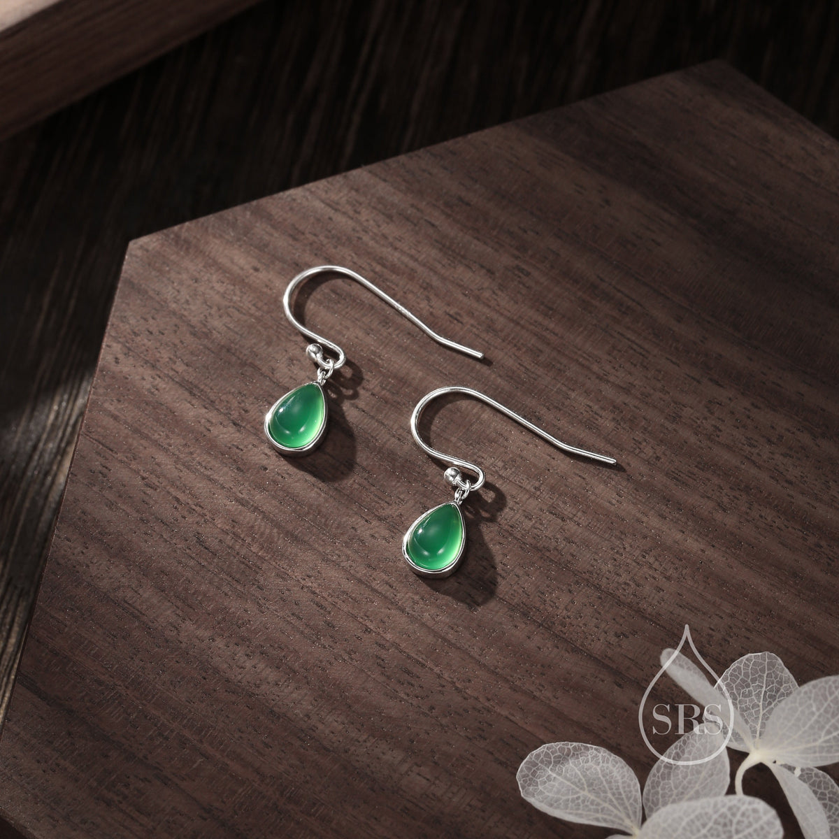 Genuine Green Onyx Droplet Drop Hook Earrings in Sterling Silver, Delicate Natural Green Onyx Earrings, Pear Shape Green Chalcedony Earrings