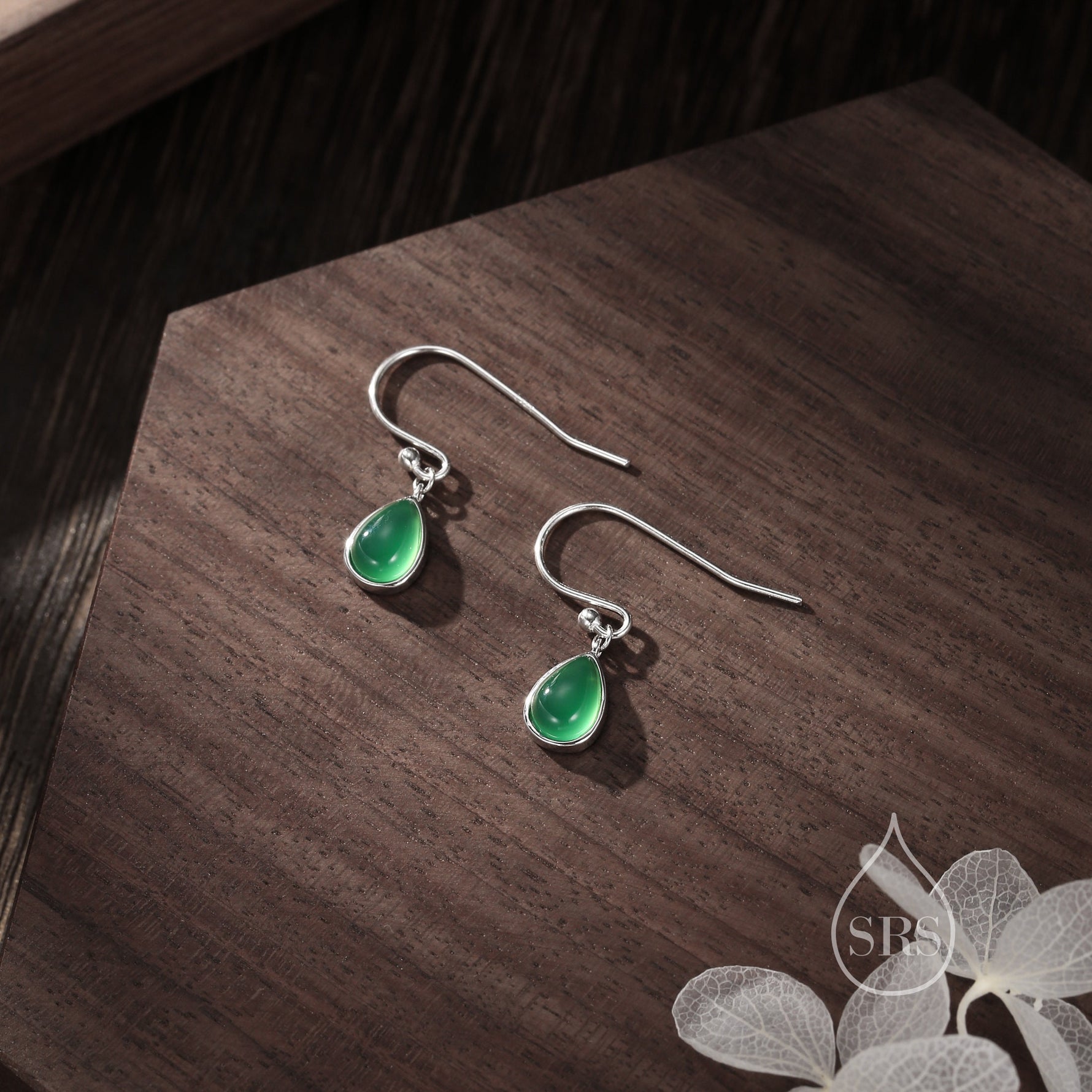 Genuine Green Onyx Droplet Drop Hook Earrings in Sterling Silver, Delicate Natural Green Onyx Earrings, Pear Shape Green Chalcedony Earrings