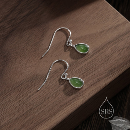Genuine Jasper Jade Droplet Drop Hook Earrings in Sterling Silver, Delicate Natural Green Jade Earrings, Pear Shape Green Jade Earrings