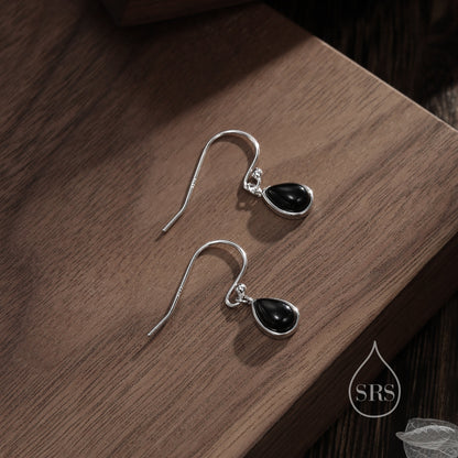 Genuine Black Onyx Droplet Drop Hook Earrings in Sterling Silver, Delicate Natural Black Onyx Earrings, Pear Shape Black Onyx Earrings