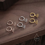 Sterling Silver Little Lotus Flower Huggie Hoops, Detachable Cute Lotus Hoop Earrings, Lotus Flower Charm Dangle Earrings