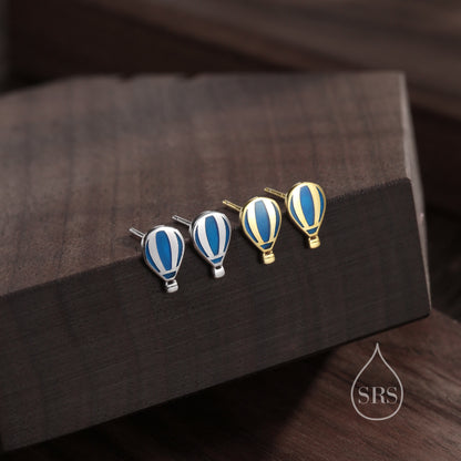 Sterling Silver Hot Air Balloon Stud Earrings, Silver or Gold, Small Hot Air Balloon Earrings with Hand Painted Blue Enamel