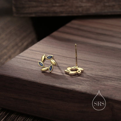 Sterling Silver Wreath Stud Earrings with Sapphire Blue CZ- Silver or Gold, CZ Circle Flower Stud Earrings, Wedding, Bridal Jewellery