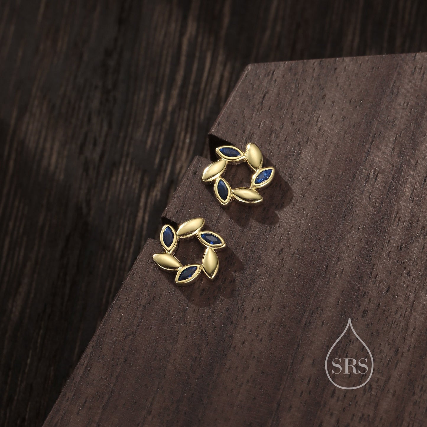 Sterling Silver Wreath Stud Earrings with Sapphire Blue CZ- Silver or Gold, CZ Circle Flower Stud Earrings, Wedding, Bridal Jewellery