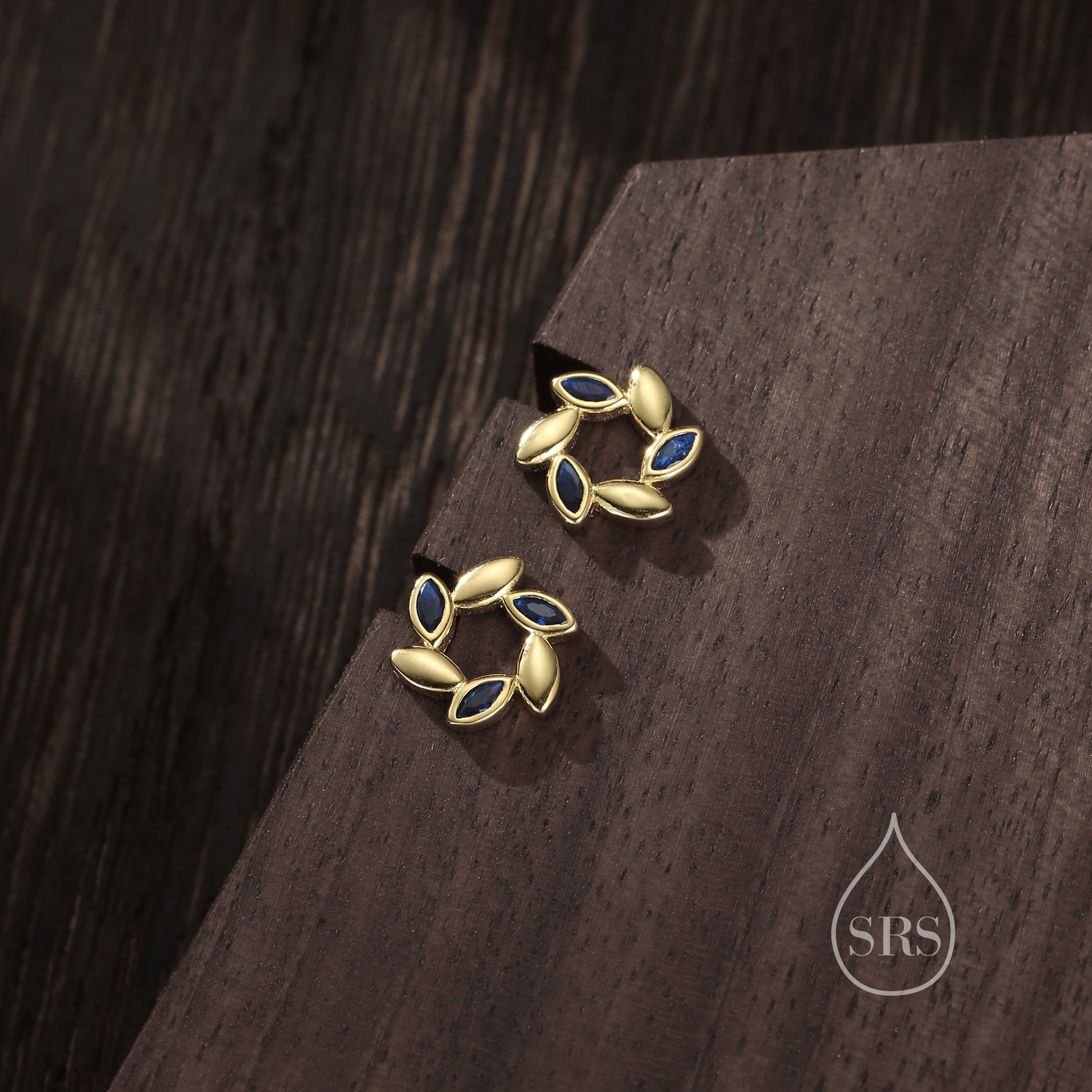 Sterling Silver Wreath Stud Earrings with Sapphire Blue CZ- Silver or Gold, CZ Circle Flower Stud Earrings, Wedding, Bridal Jewellery