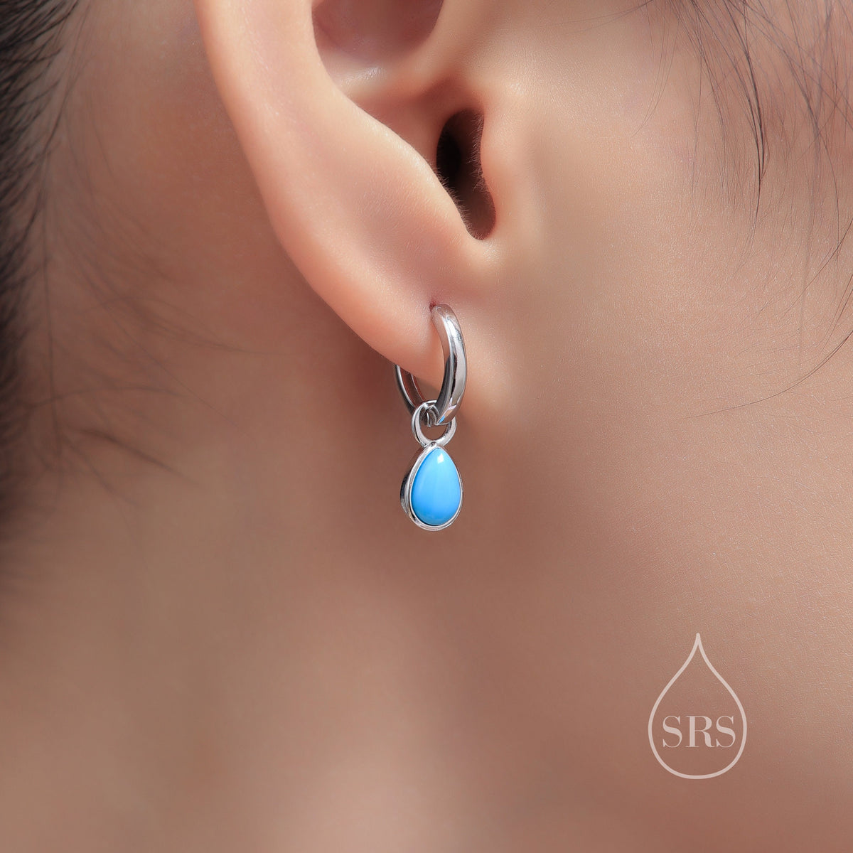 Sterling Silver Blue Turquoise Droplet Hoop Earrings, Detachable Pear Shape Turquoise Dangle Hoop Earrings, Interchangeable