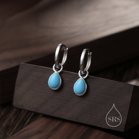 Sterling Silver Blue Turquoise Droplet Hoop Earrings, Detachable Pear Shape Turquoise Dangle Hoop Earrings, Interchangeable