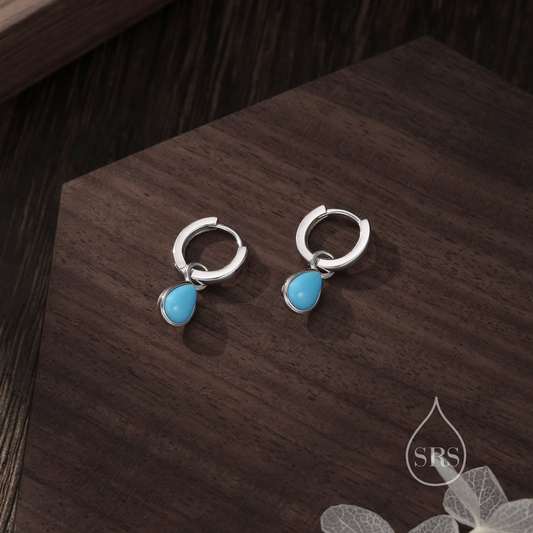 Sterling Silver Blue Turquoise Droplet Hoop Earrings, Detachable Pear Shape Turquoise Dangle Hoop Earrings, Interchangeable