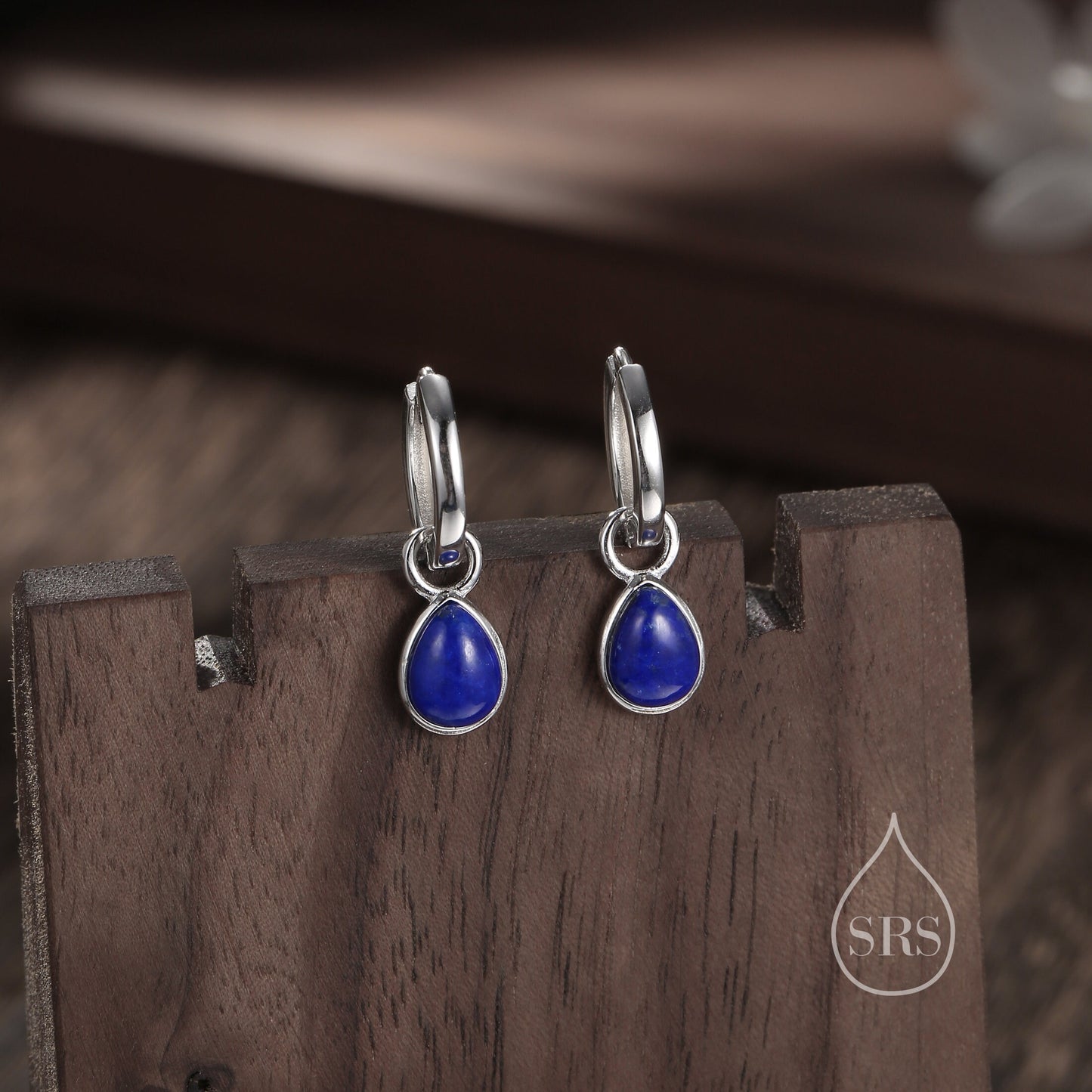 Sterling Silver Genuine Blue Lapis Droplet Hoop Earrings, Detachable Pear Shape Lapis Lazuli Dangle Hoop Earrings, Interchangeable